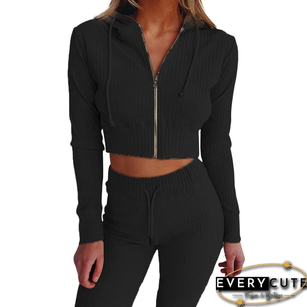 Black Sportswear Zipper Long Sleeve Pant Set