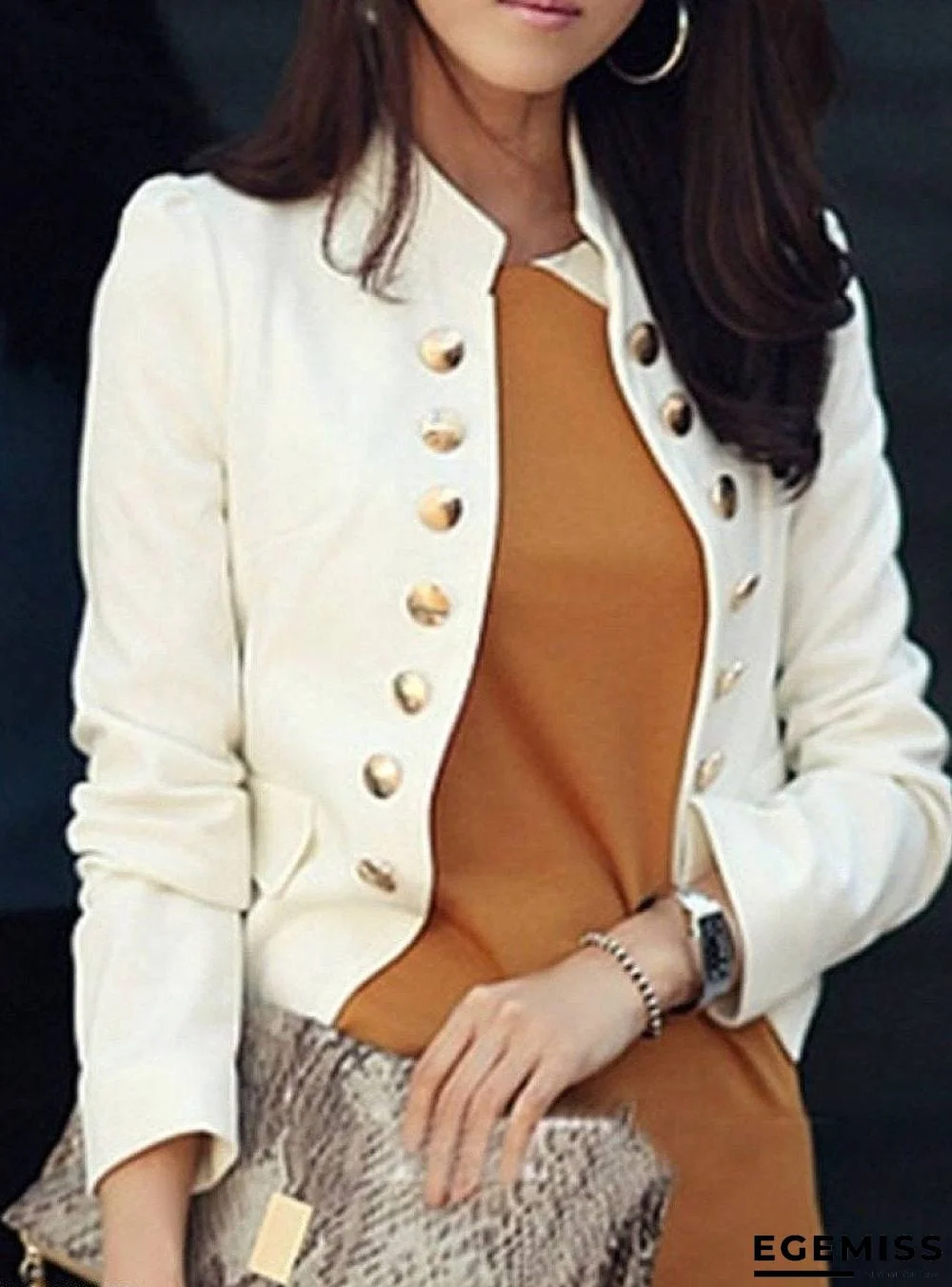 Ladylike Double Breasted Band Collar Blended Plain Blazer | EGEMISS