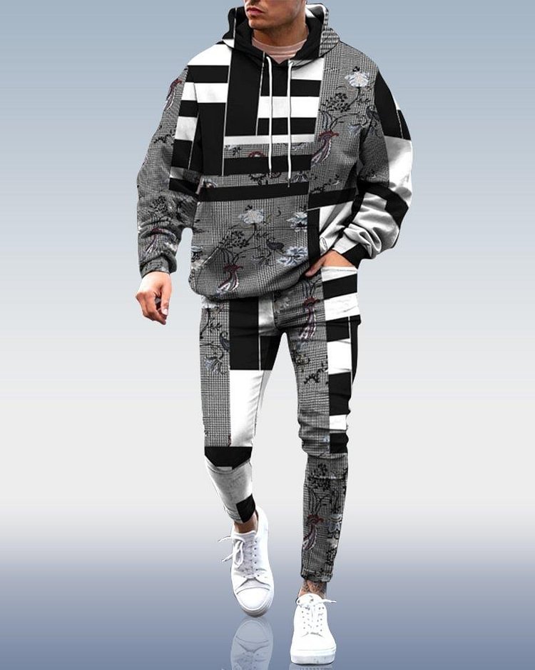 Men's Hooded Casual Personality Print Suit With Pants