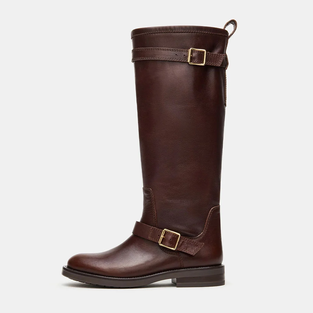 Brown Faux Leather Round Toe Knee High Heeled Boots with Buckle