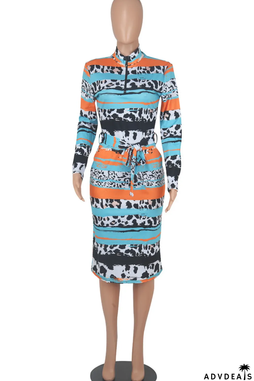 Yellow Blue Casual Print Patchwork With Belt Zipper Collar One Step Skirt Dresses