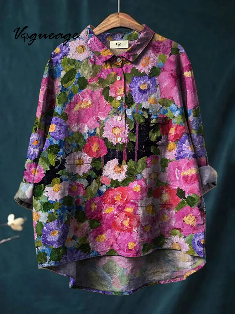Colorful Oil Painting Flowers Printed Cotton And Linen Shirt