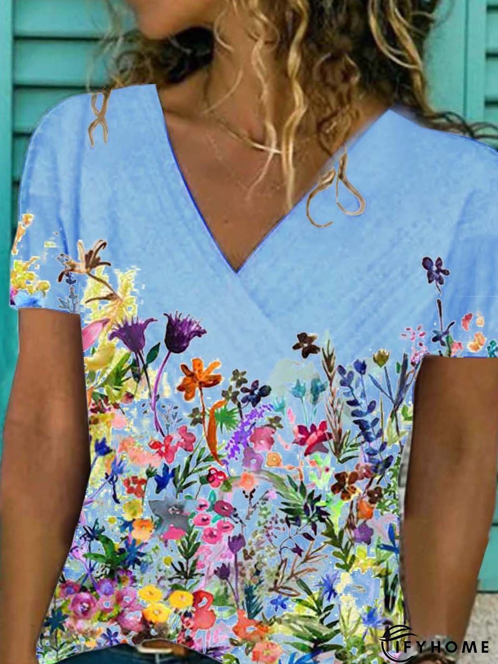 Floral Short Sleeve Printed Cotton-blend V neck Casual Summer Blue Top | IFYHOME
