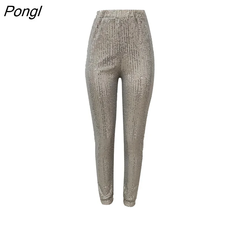 Pongl Fashion Women Sexy Glitter Sequin Pants High Waist Hip Hop Shiny Joggers Pants Evening Club Party Wear Legging Pants