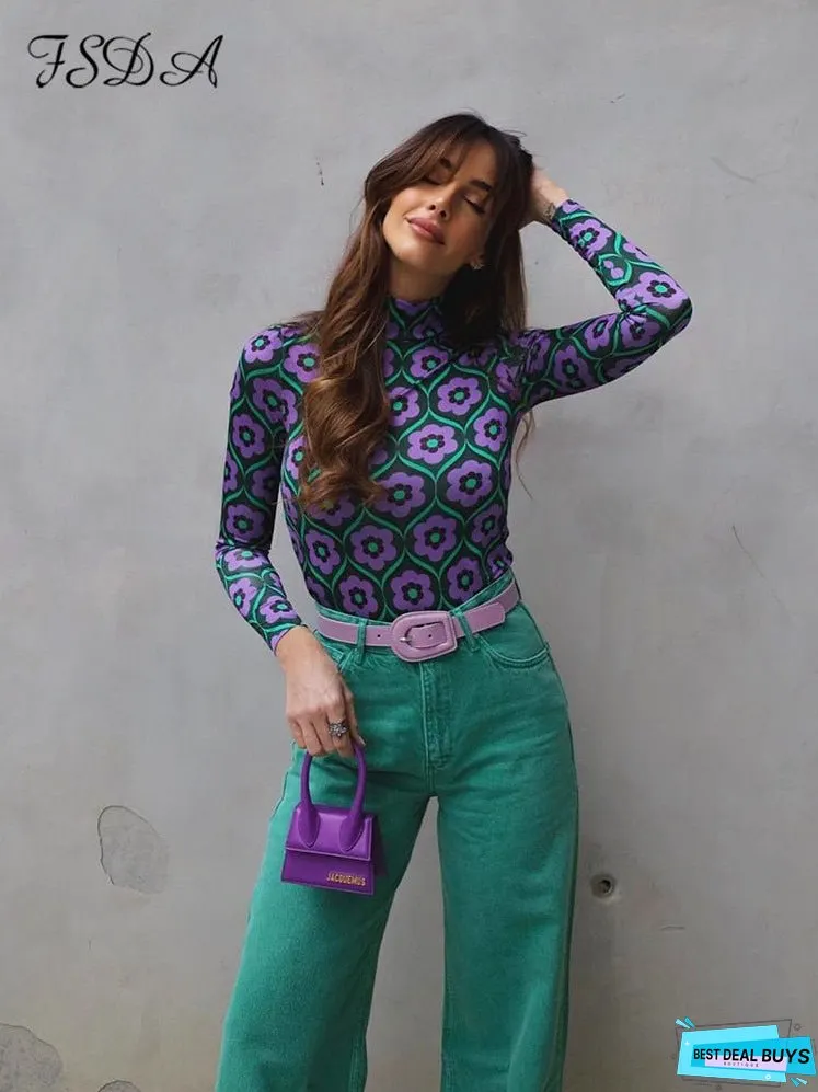 Long Sleeve Crop Top Women Floral Print Vintage Autumn Summer Casual 90s T Shirts Sexy Fashion Y2K Turtleneck