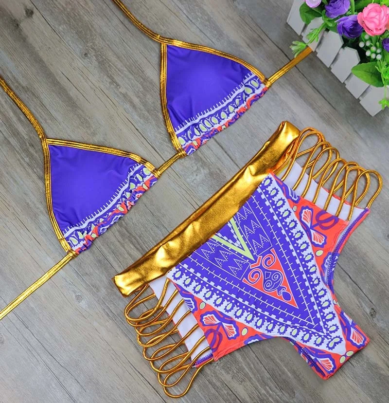 2021 New African Print Two-Pieces Bath Suits Bikini Set Sexy Geometric Swimwear Swimsuit Gold High Waist Swimming Suit