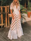 Plain Striped See-Through Puff Sleeves Maxi Dress