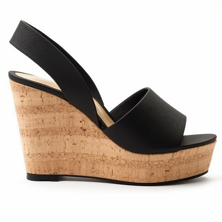 FSJ Black Open Toe Slingback Cork Wedge Heels Sandals for Women |FSJ Shoes