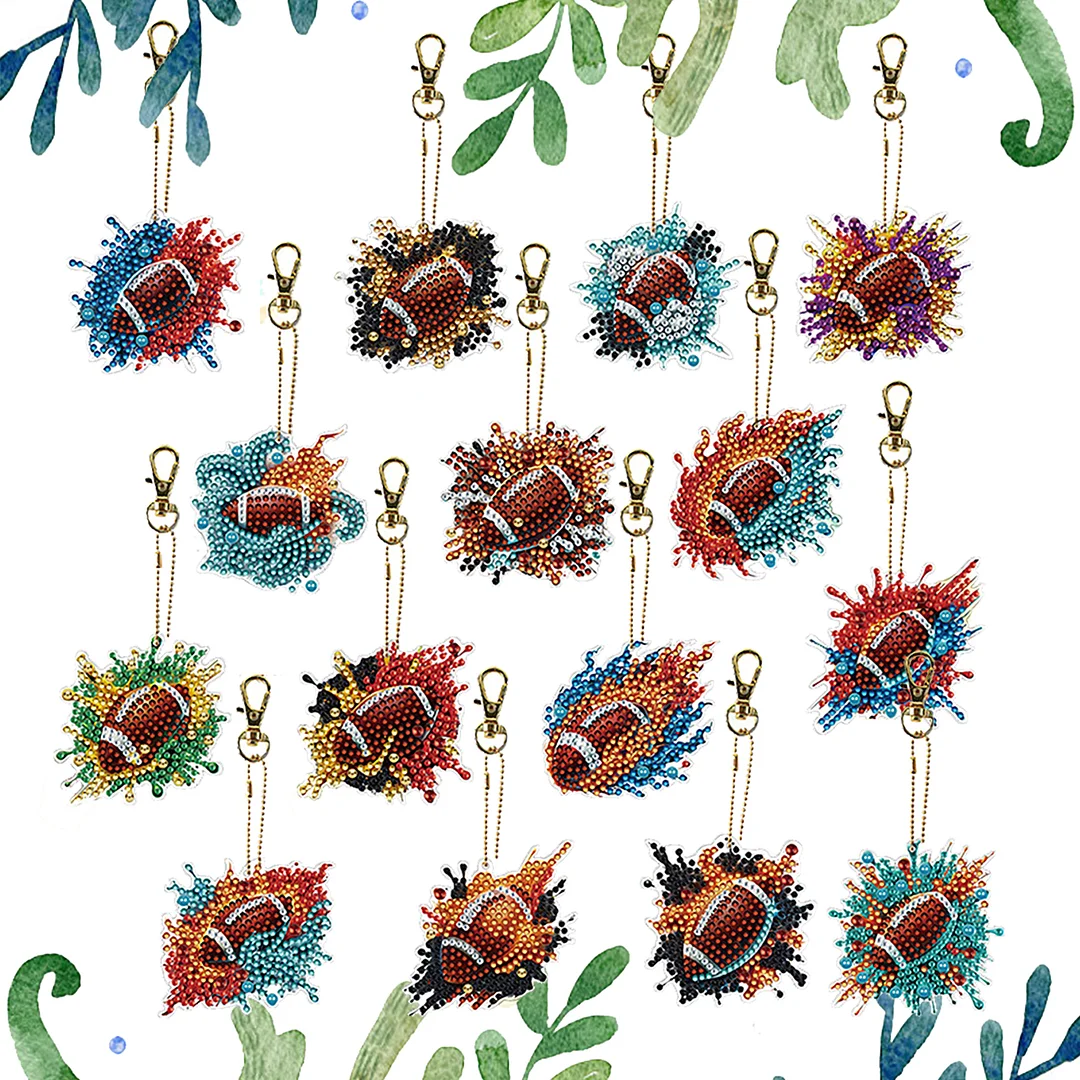 15Pcs Rugby DiY Double-Sided Diamond Art Keychain Ornaments Party Crafts Decor