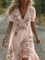 Women's Vintage Floral Embroidery V Neck Casual Midi Dress - Image 3