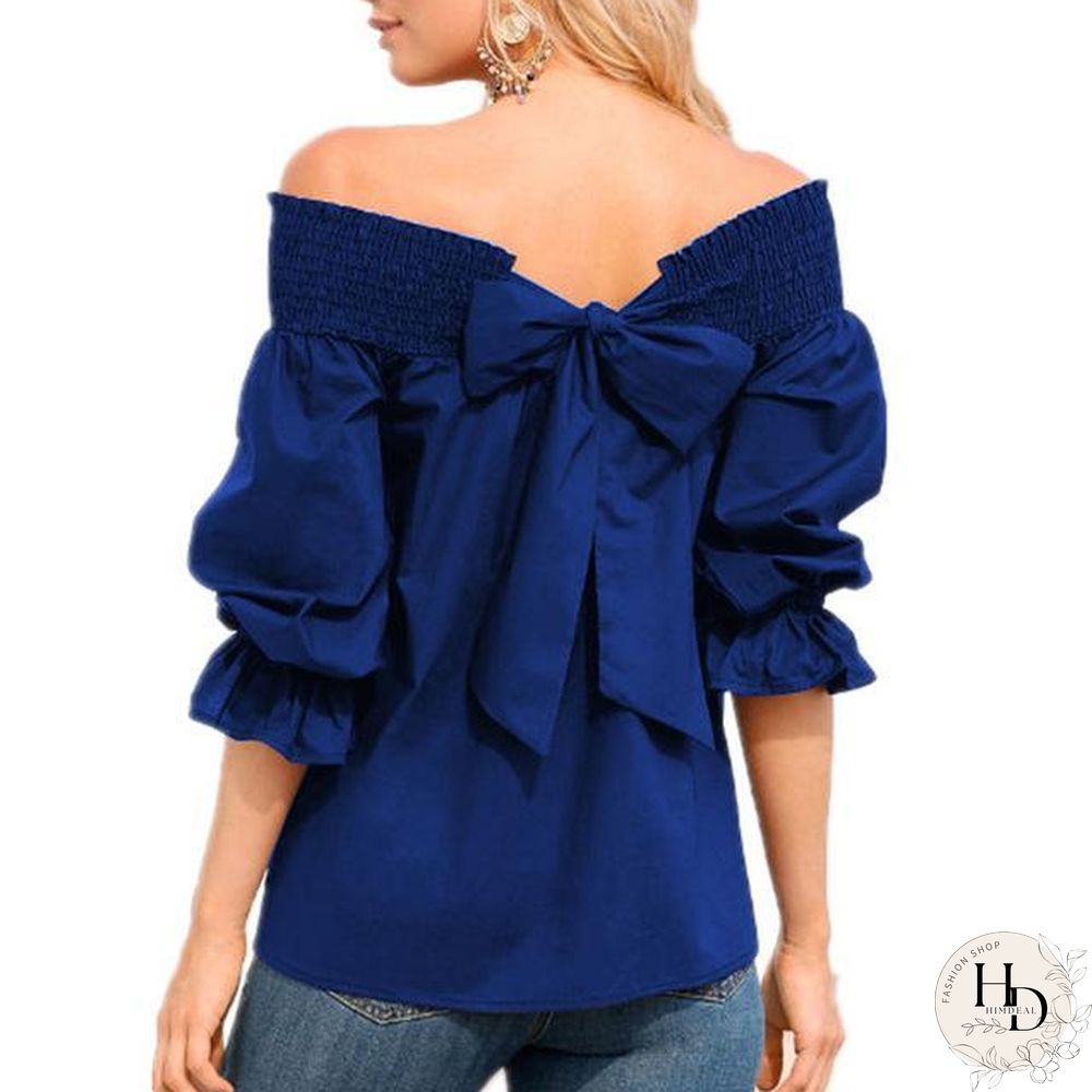 Women Sexy Off Shoulder Strapless Bowknot Slash Neck Shirts Casual Loose Plus Size Blouse Tops
