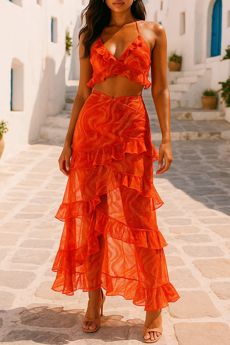 V Neck Halter Crop Top Ruffled Slim Fit Maxi Skirt 2pcs Set-Orange [Pre Order]