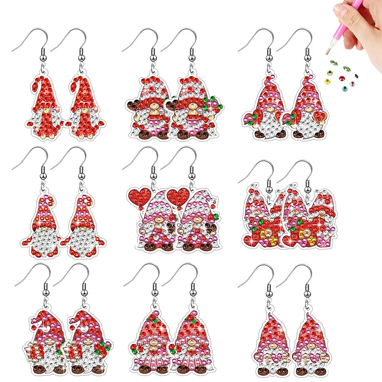 9 Pairs Double Sided Diamond Painting Earrings Couple Gnome for Jewelry Crafting