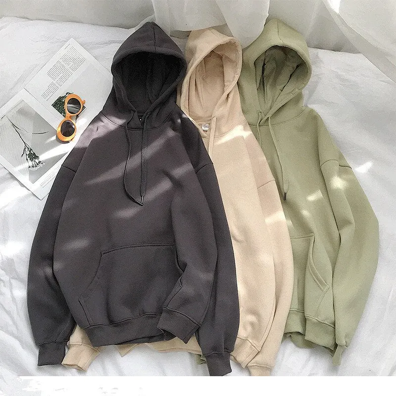 Solid Hoodies Women Autumn Long Sleeve Pocket Korean Oversized Hooded Sweatshirts Famale Casual Plus Velvet Hooded Pullovers Top