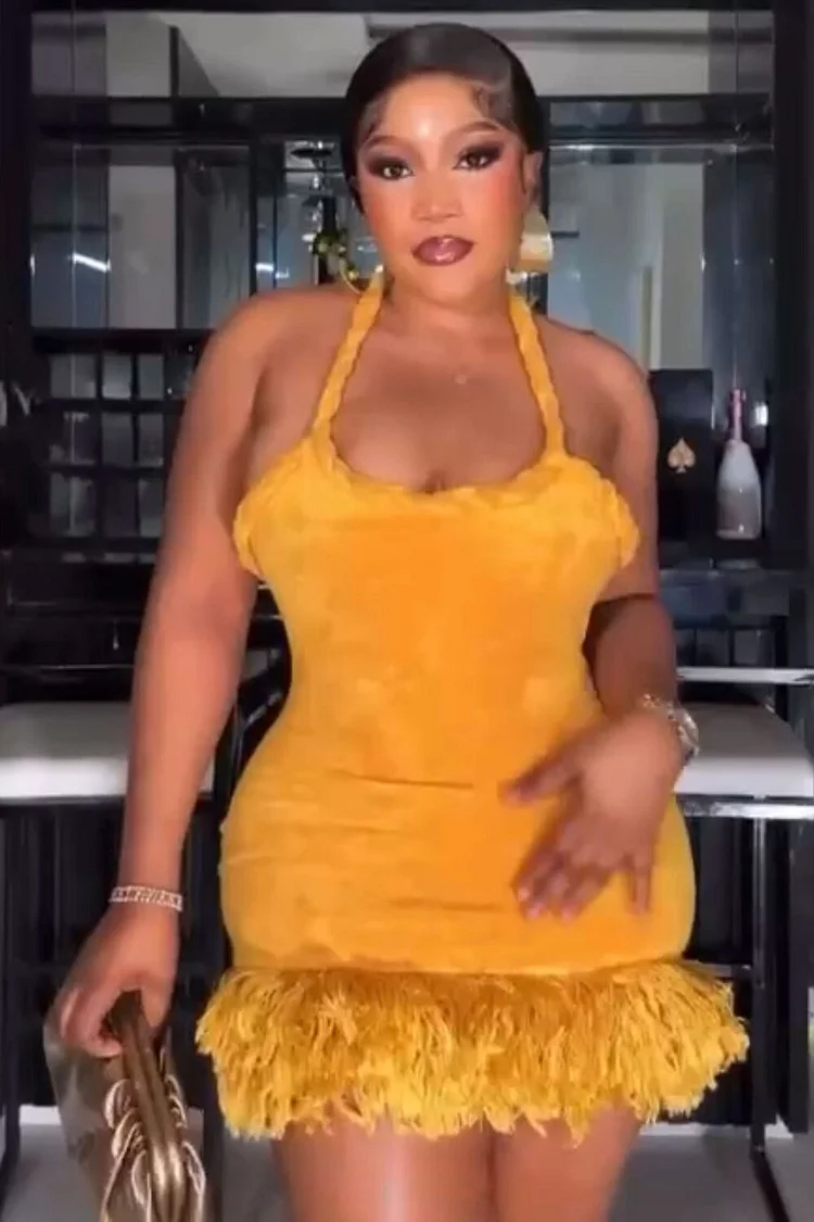 Braided Halter Neck Bodycon Fringed Hemline Velvet Mini Dresses-Yellow