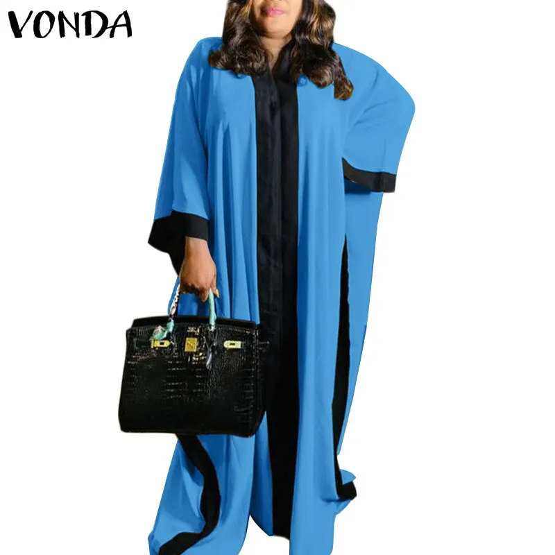 Summer Sexy V Neck Solid Women Maxi Dresses VONDA 2022 Ladies Pleated Baggy Vestidos Female Patchwork Print Party Robes Longue
