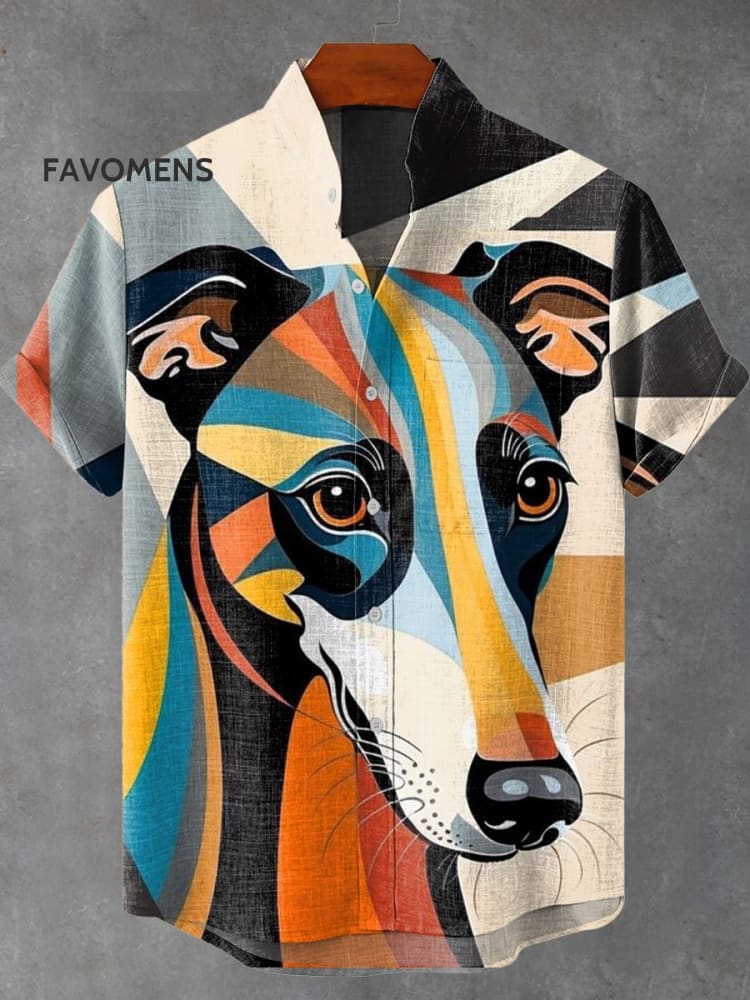 Color-Blocked Whippet Dog Vintage Print Casual 100% Cotton Shirt Multicolor / S