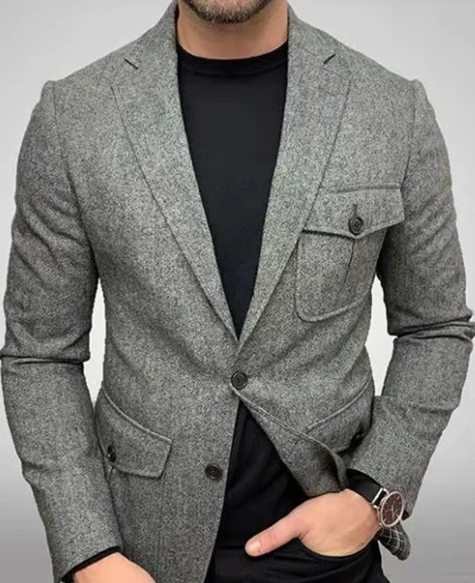 Classic Grey Notch Lapel Two Button Blazer With Flap Pockets