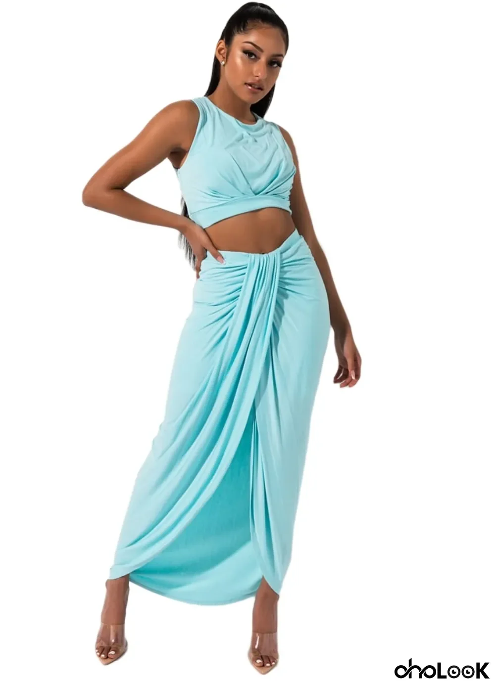 Summer Solid Color Sleeveless Crop Top and Wrap Skirt