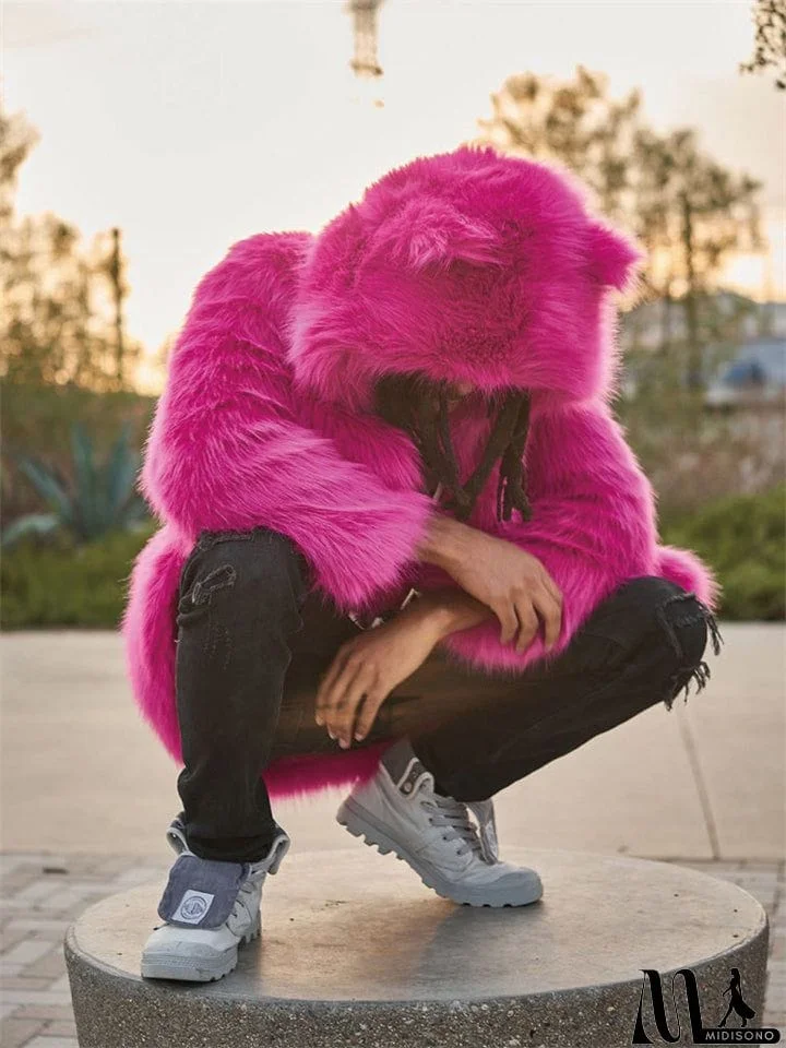 MidiSono - Fashionable Men's Pink Hooded Faux Fur Coat