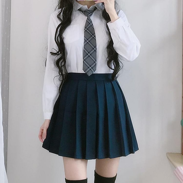 Tie Shirt Pleated Skirt Stockings College Style Set  - Modakawa