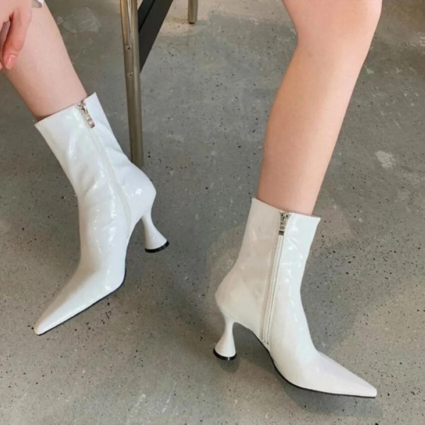 2021 Winter Fashion Women Boots Ladies Thin High Heel Pointed Toe Zipper Ankle Boots Patent Leather Female Short Boots