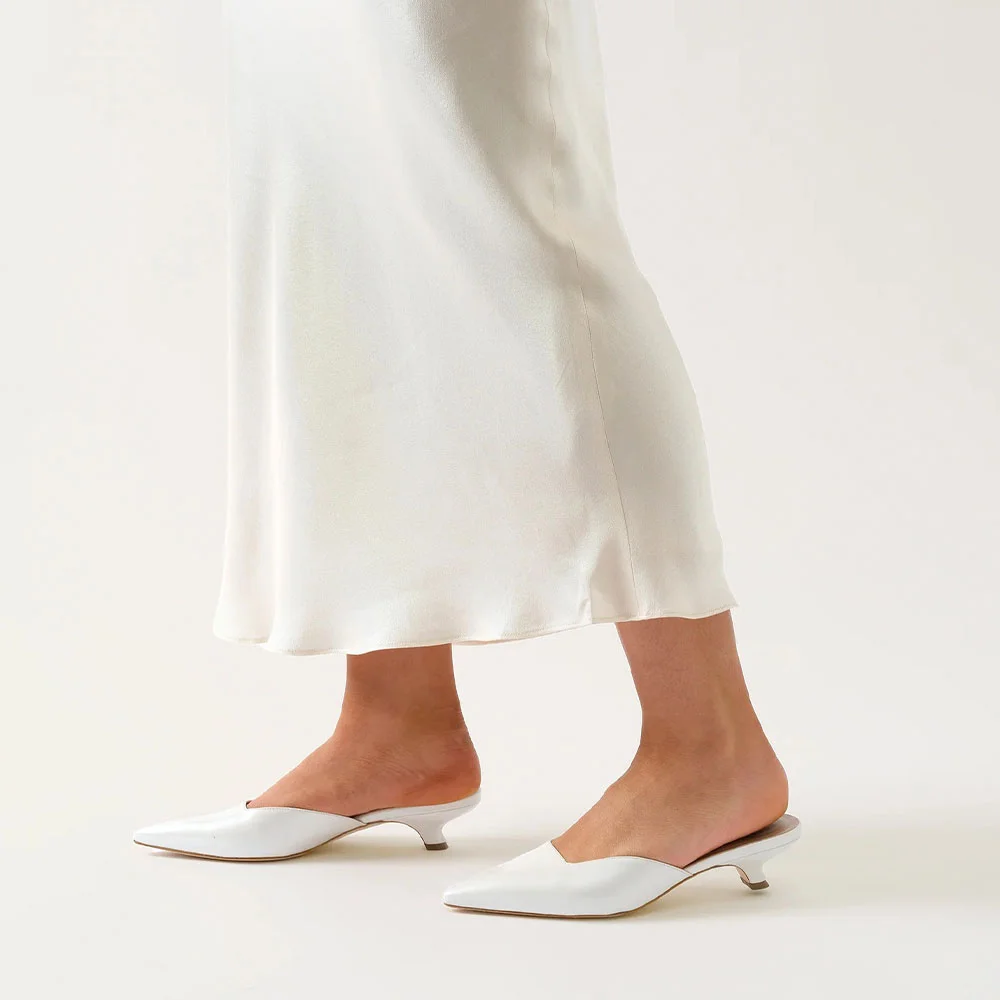 White Faux Leather Pointed Toe Square Cut Slip On Mule Kitten Heels