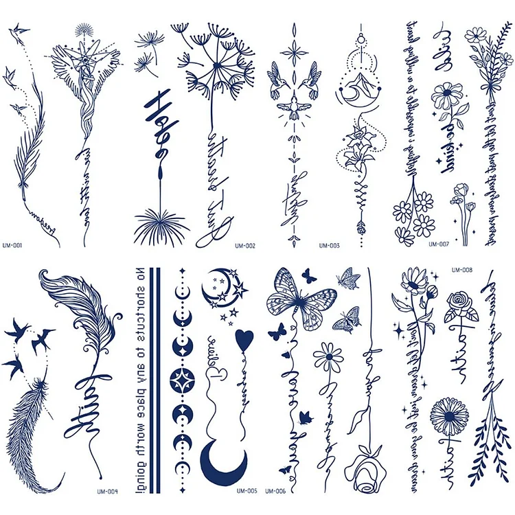 8 Sheets Art Feather Flower Semi-Permanent Tattoo Stickers 