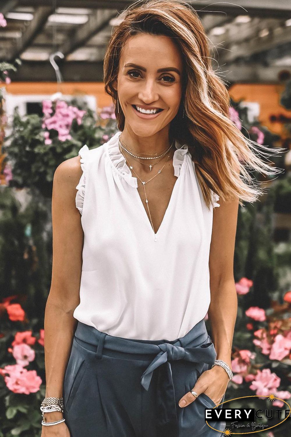 White Solid Color V Neck Frill Trim Tank Top