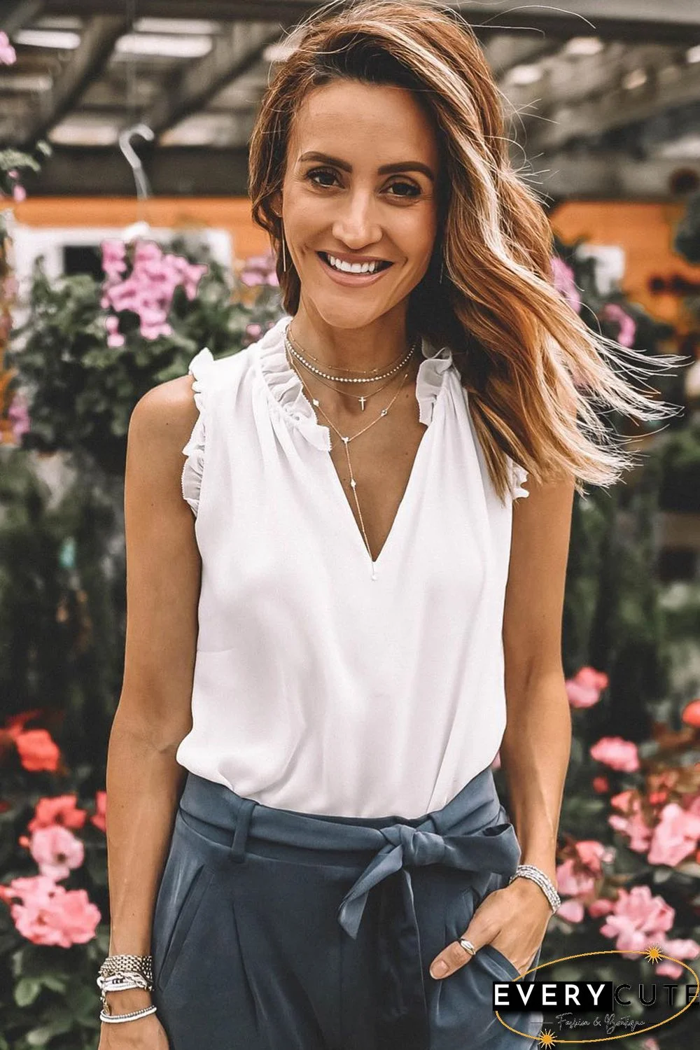 White Solid Color V Neck Frill Trim Tank Top