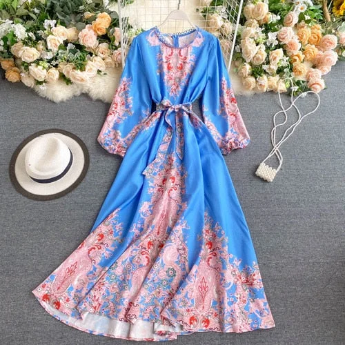 2022 New Autumn Women Vintage Print Dress Lantern Sleeve Sashes Tie Up Zipper Back O Neck High Waist Elegant Dress