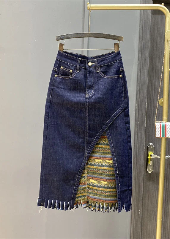 Boutique Navy Asymmetrical Print Patchwork Tassel Denim Skirts