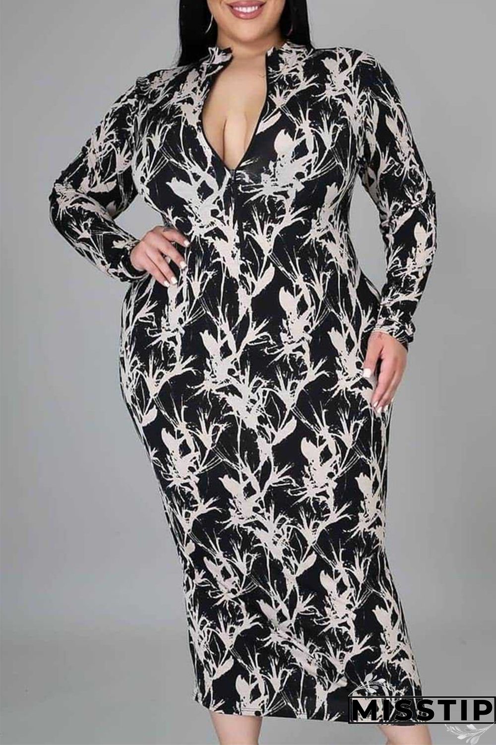 Multicolor Fashion Casual Print Basic O Neck Long Sleeve Plus Size Dresses