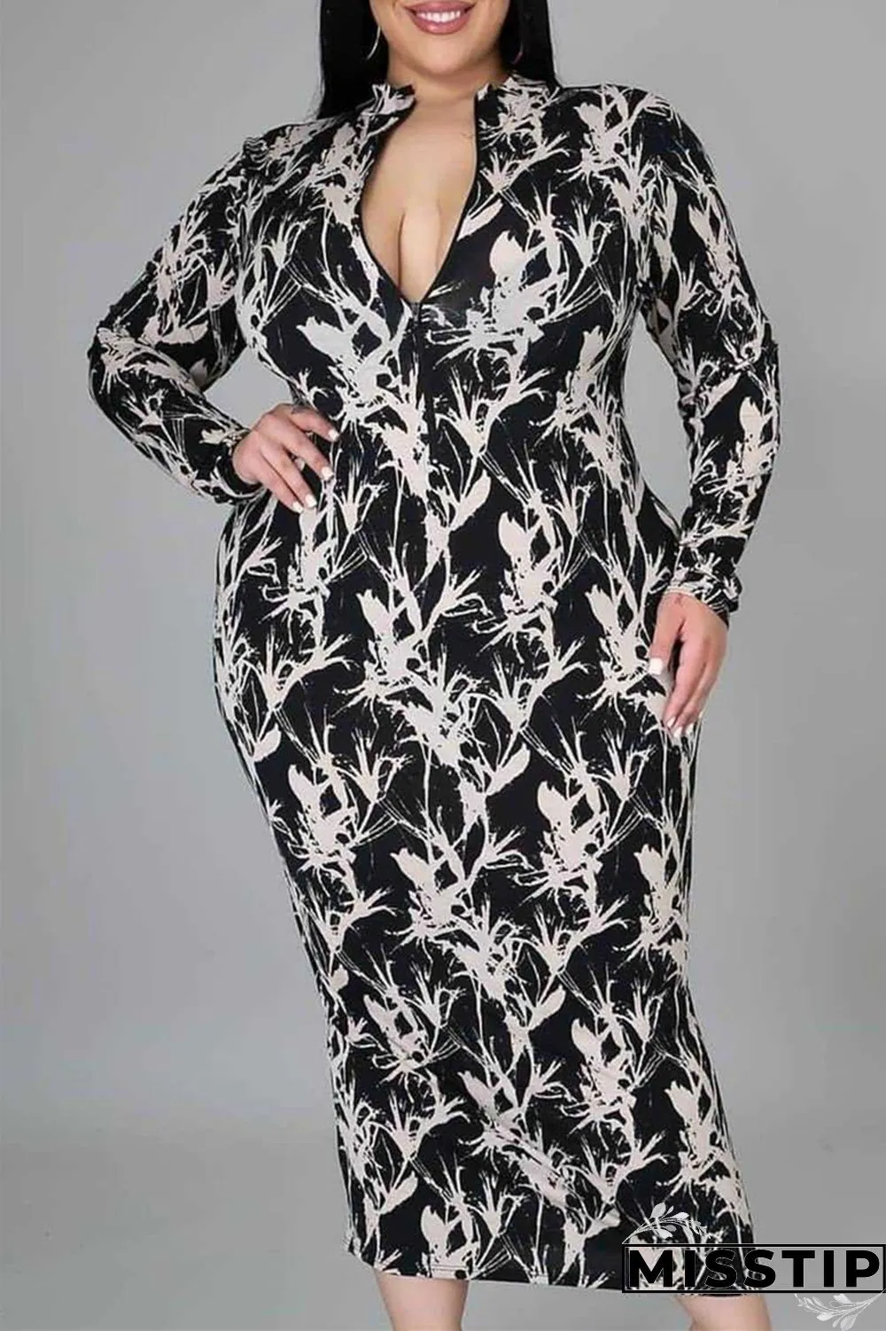 Multicolor Fashion Casual Print Basic O Neck Long Sleeve Plus Size Dresses