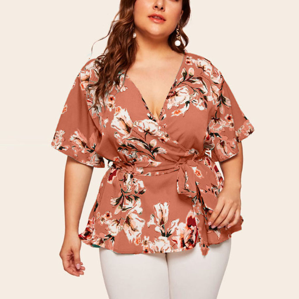 thdmladies Plus Size V Neck Short Sleeve Printed Waist Tie Loose Chiffon Top thedmladies