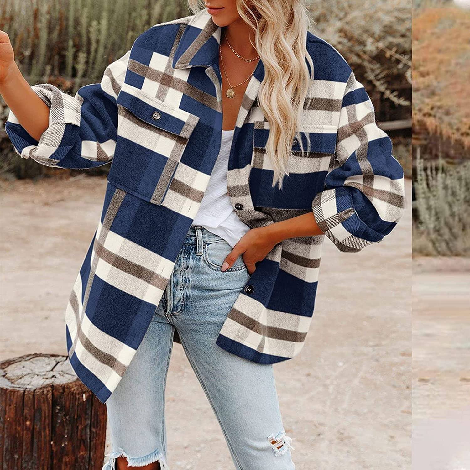  thdmladies Brushed Plaid Lapel Button Shirts Jackets thedmladies