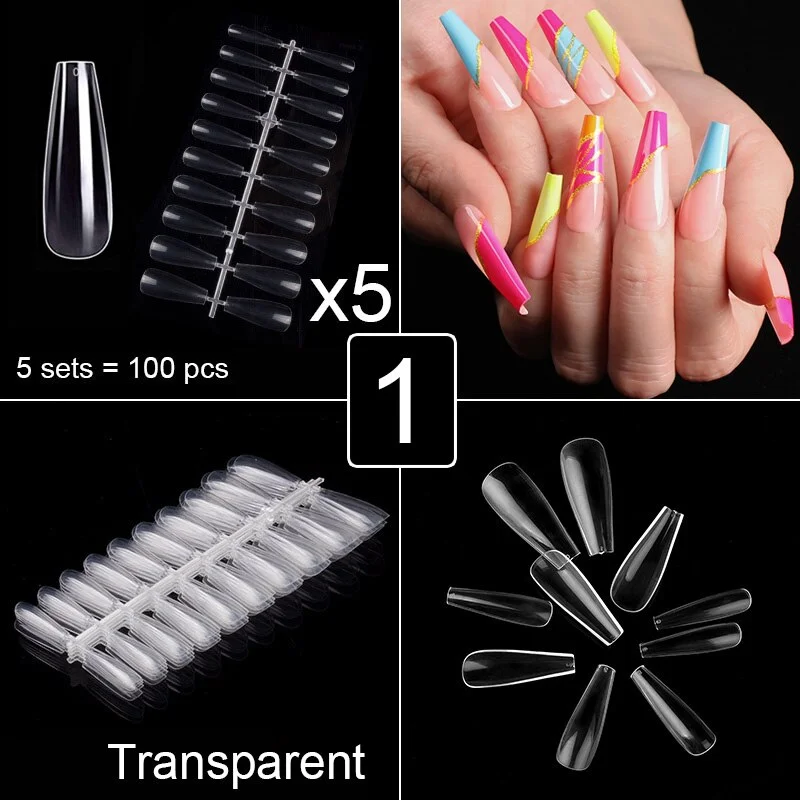 Stock Clearance 5 Sets 100 Pieces Coffin Almond Ballerina Stiletto Oval Shape False Nails 10 Size Full Cover Artificial