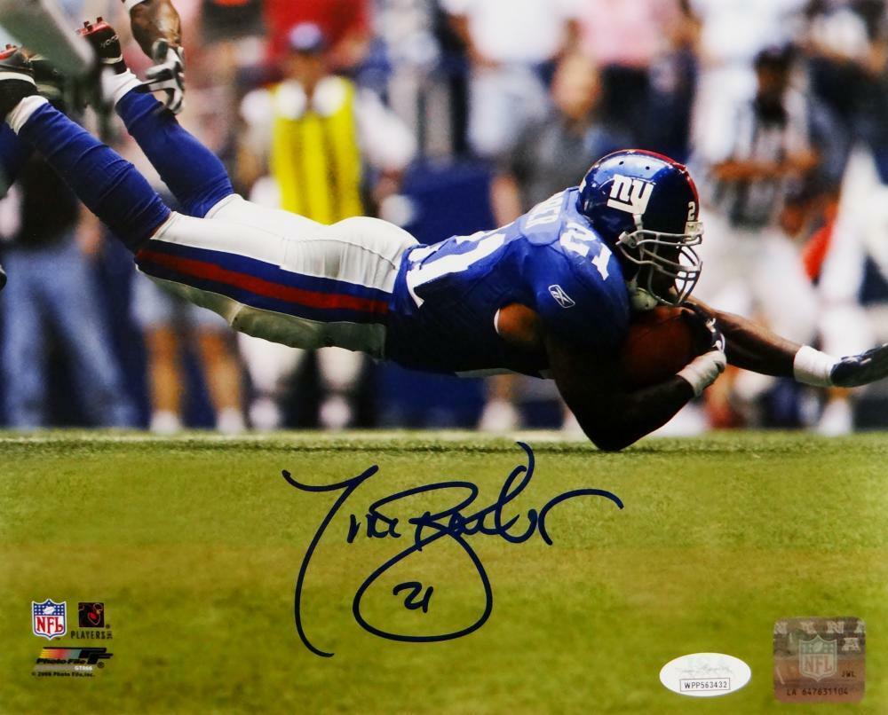 Tiki Barber Autographed New York Giants 8x10 Diving PF Photo Poster painting- JSA W Auth *Blue