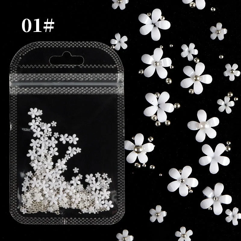 1 Bag Acrylic Flower Nail Art Decoration Mixed Size White Black Rhinestones Silver Gem Manicures Tool For DIY Nail Design