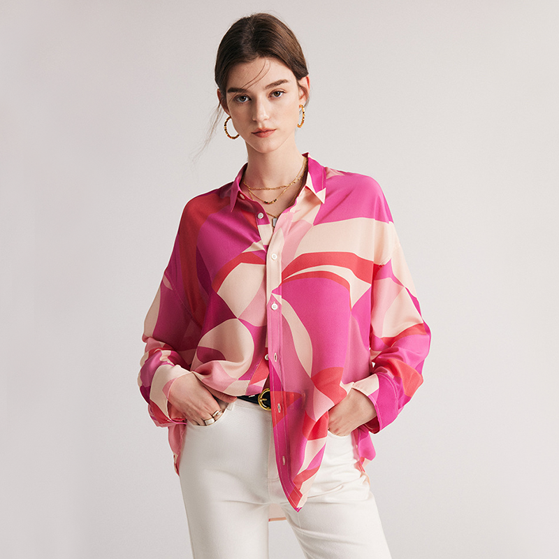 Crepe Silk Blouse Shirt Deep Pink Printed For Women REAL SILK LIFE