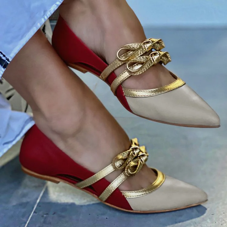 Burgundy & Beige Pointed Flat Pumps with Classic Bow Vdcoo