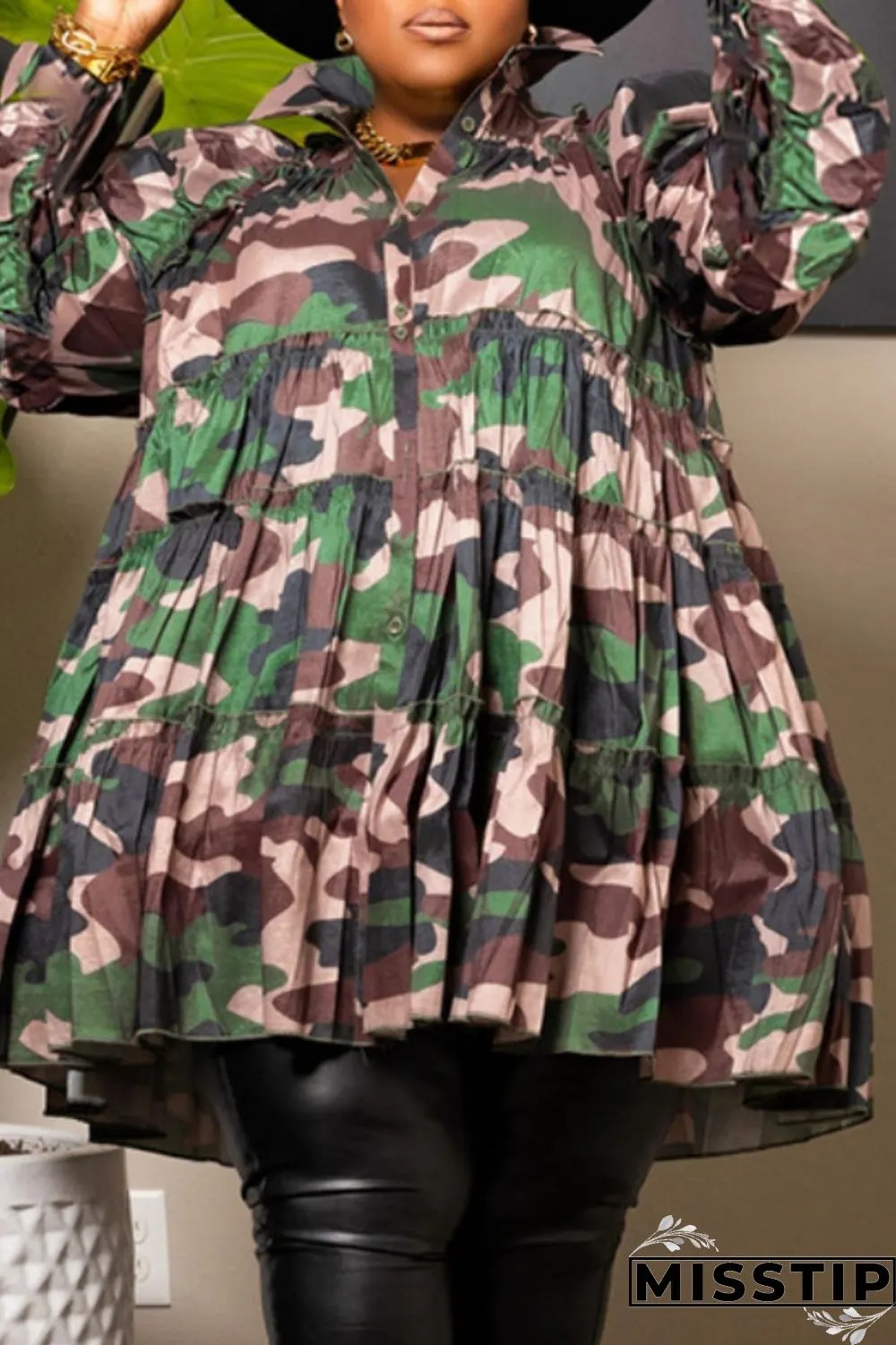 Orange Green Casual Print Patchwork Shirt Collar Shirt Dress Plus Size Dresses
