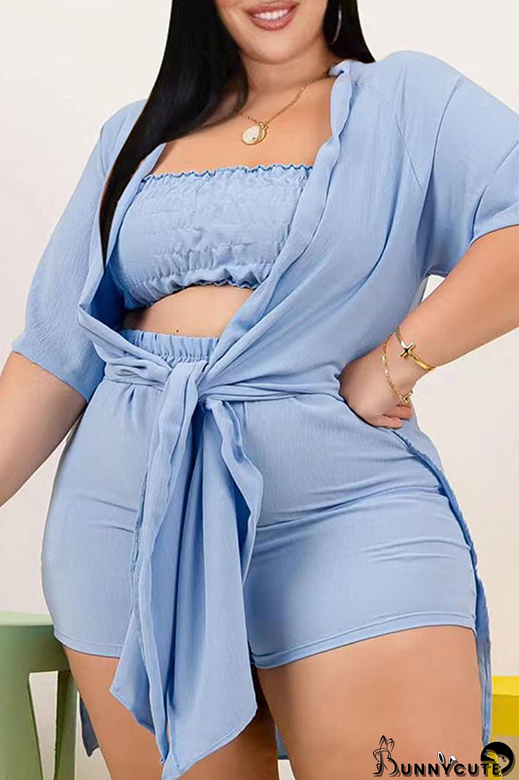 Light Blue Sexy Solid Patchwork Strapless Plus Size Three Pieces