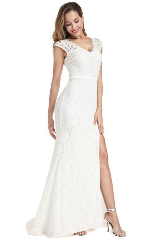 White Lace Cap Sleeve Mermaid Prom Dress With Slit - lulusllly