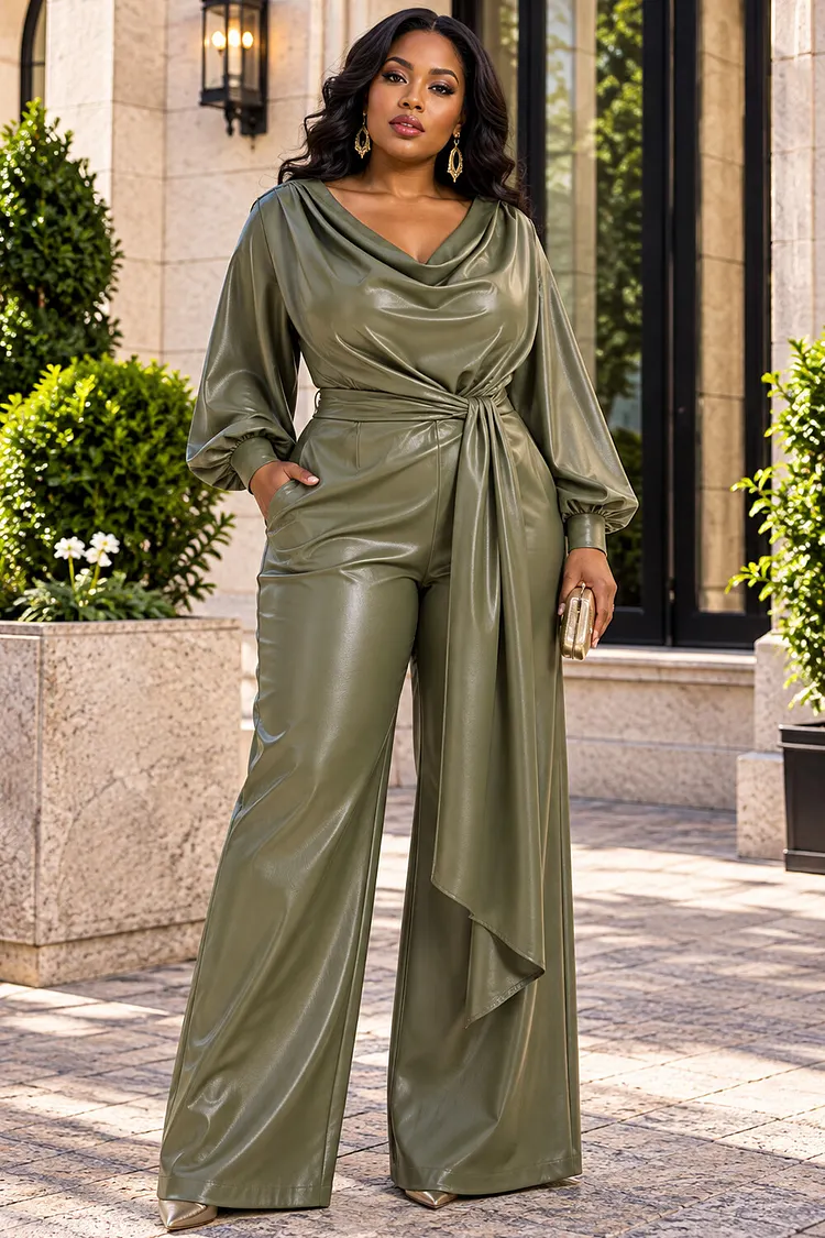 Xpluswear Design Plus Size Daily Army Green Cowl Neck Long Sleeve Pocket PU Leather Jumpsuits [Pre-Order] 2024 - Xpluswear
