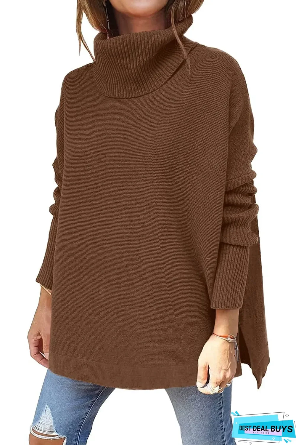 High Neck Bat Wing Sleeve Split Hem Waistband Pullover Sweater