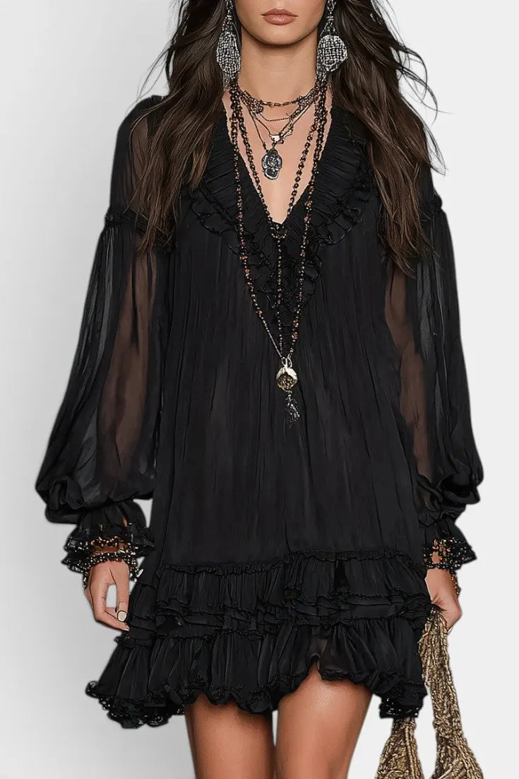 Ruffled V-Neck Chiffon Mini Dress with Lantern Sleeves