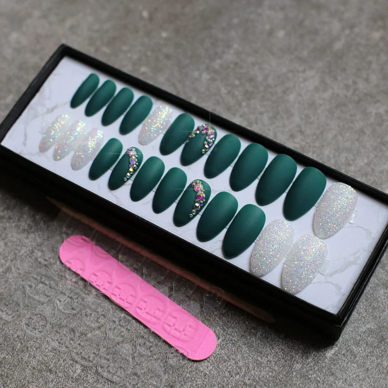 Matte glitter art nails box Match press on nails Burgundy AB rhinestone fasle nails stiletto Custom nails white blue pink-Nail Inspo