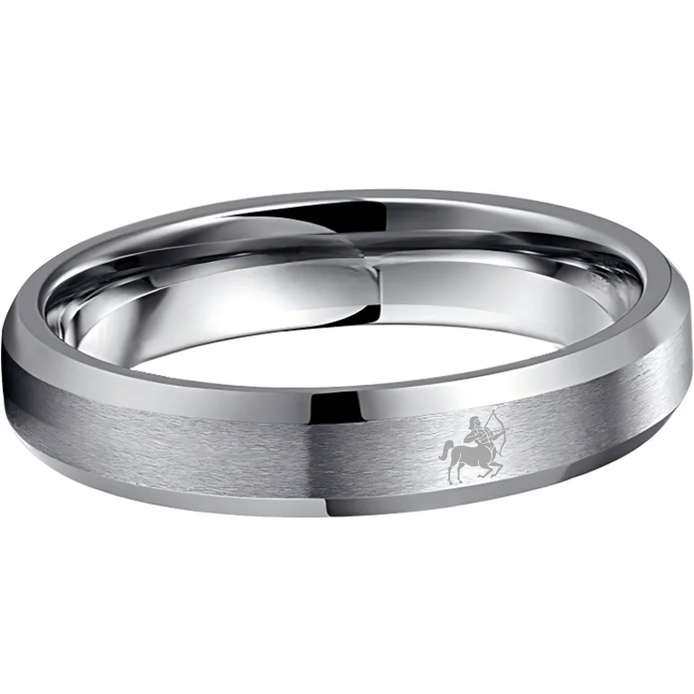 Sliver Sagittarius Couple Wedding Bands Beveled Edges Sliver Laser Etched Tungsten Carbide Ring 4MM 6MM 8MM