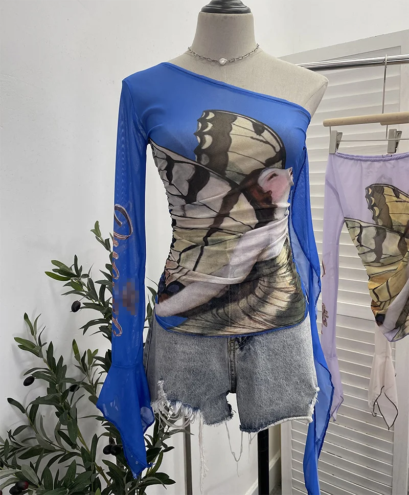 Uveng Design-Sensitive One-Shoulder Horn Long-Sleeved Mesh Yarn-Print T-Shirt With Short Tight Top 9915